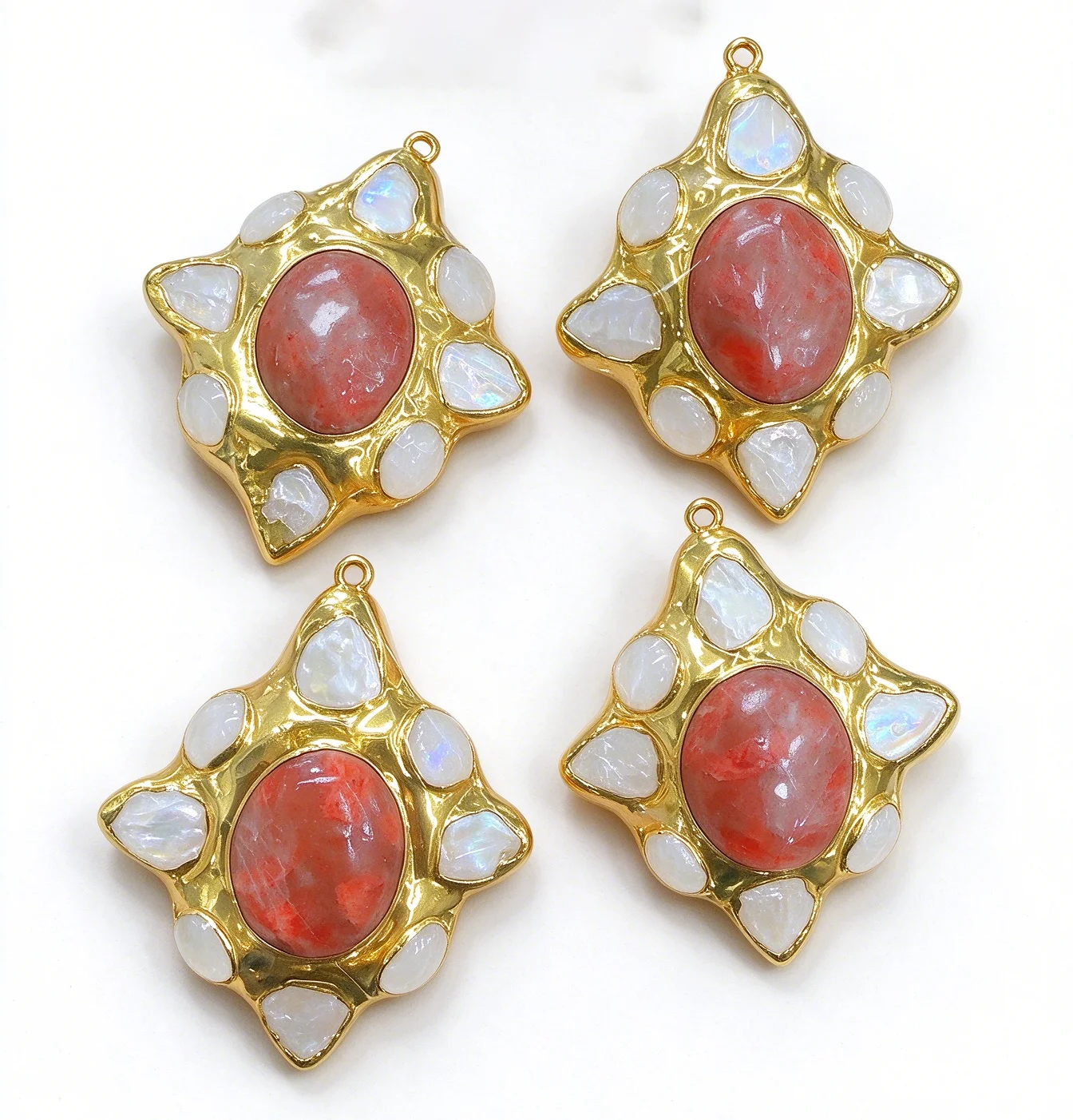 2 Pcs Natural White Coin Pearl Mix Red Cat eye Gold Edged Pendant Necklace Jewelry DIY