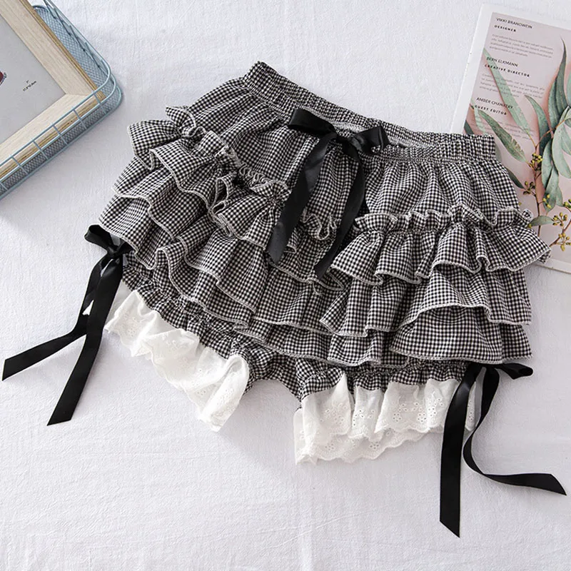 Womens Lace Layered Ruffle Lolita Bloomers Vintage Victorian Pumpkin Shorts Bowknot Frilly Knickers Kawaii Safety Short Pants