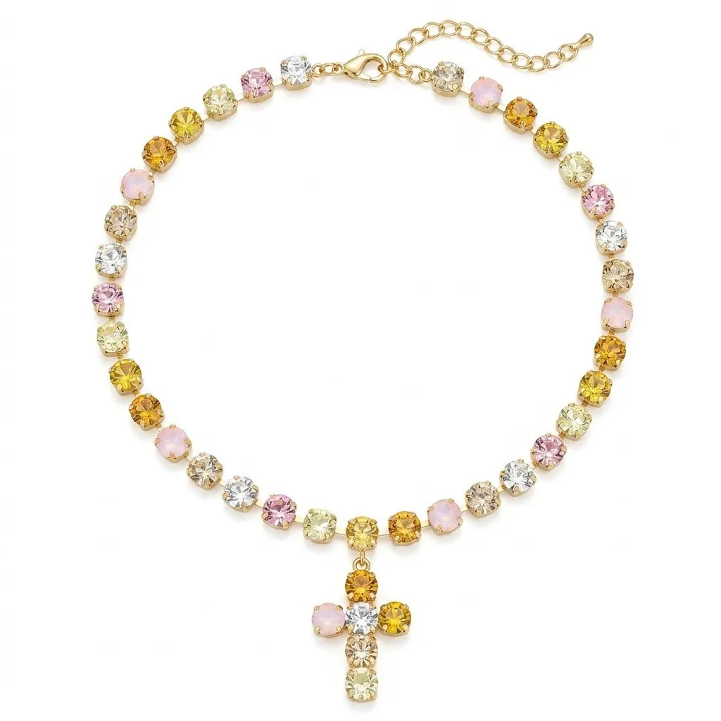 Colorful Zircon Cross Pendant Necklace Rainbow Crystal Chain Multi Layer Stackable Choker Ins Trendy Jewelry for Women