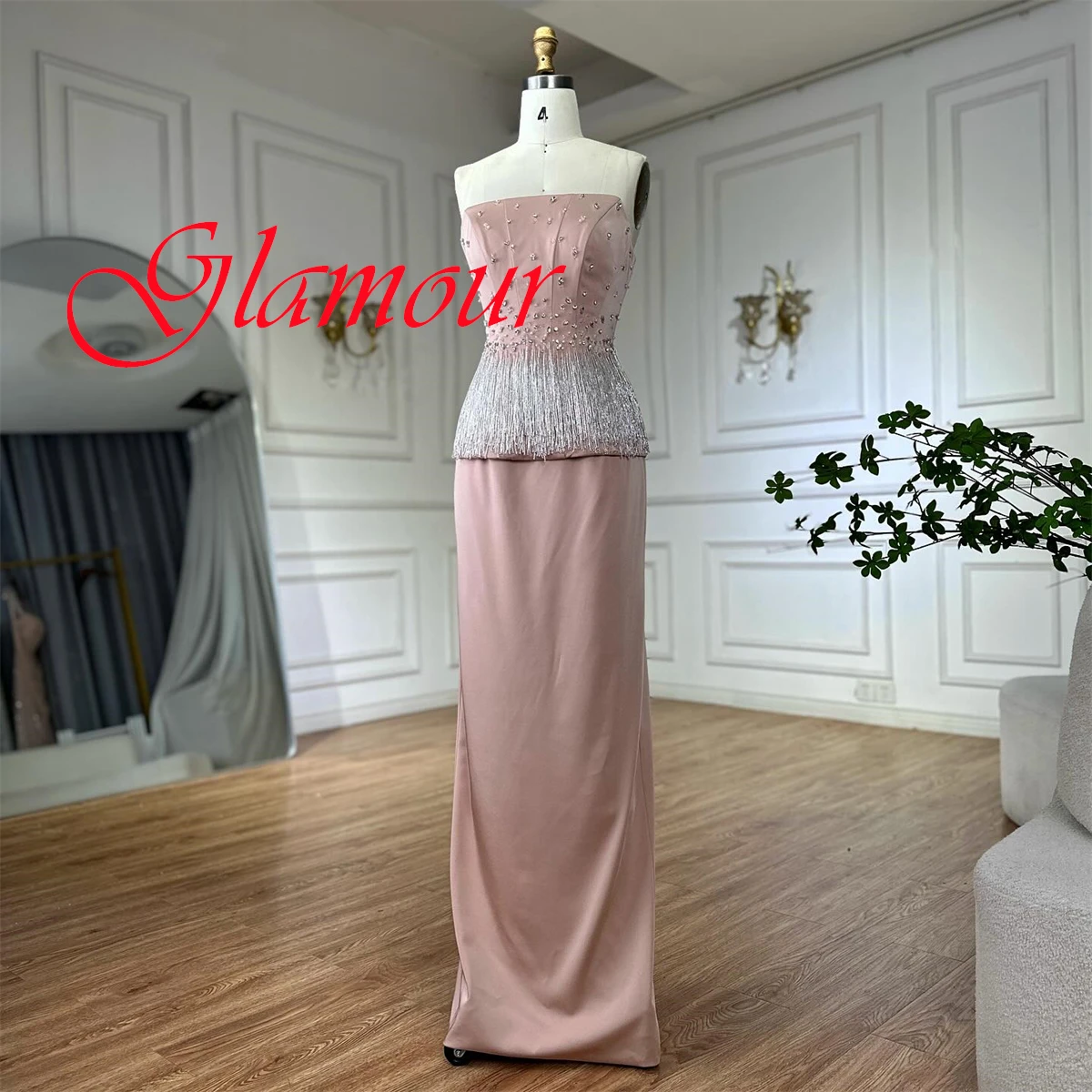 

Customized Classic Champagne Jersey Evening Dress Formal Strapless Zipper Back Beading Tassel Front Slit Special Occasion Gowns
