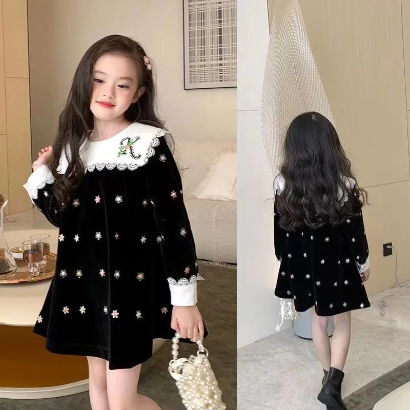 Girls Dress Velvet Black And White 2024 New Embroidered Autumn Long Sleeved Dress With Children\'s Autumn And Winter Doll Collar