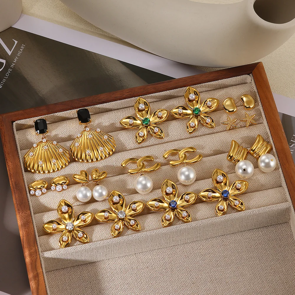 Imitation Pearl Shell Earring Colorful Zircon Flower Stainless Steel Earrings For Women Simple Pendientes Chic Piercing Jewelry
