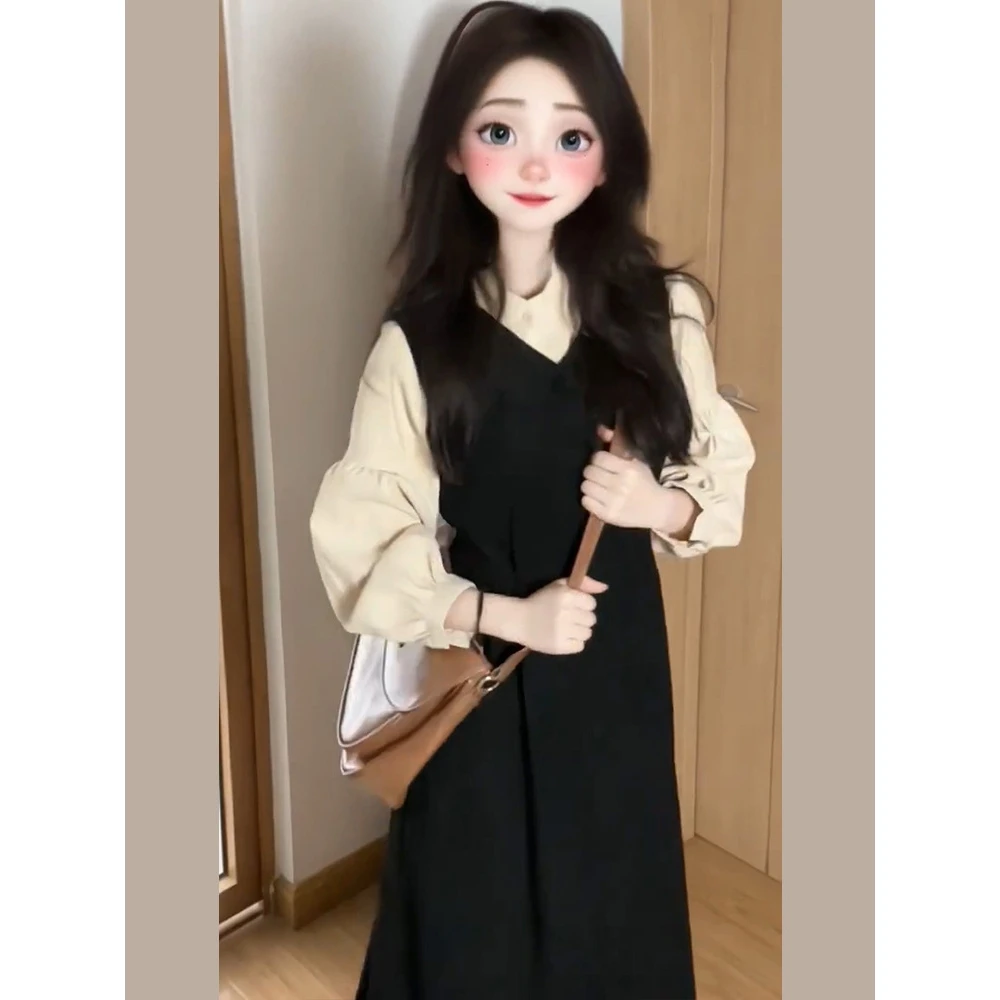 Recién llegado, conjunto de blusa y Dr a cuadros College Sle para mujer, falda larga Faion de principios de otoño, cintura alta, Bubble Sve