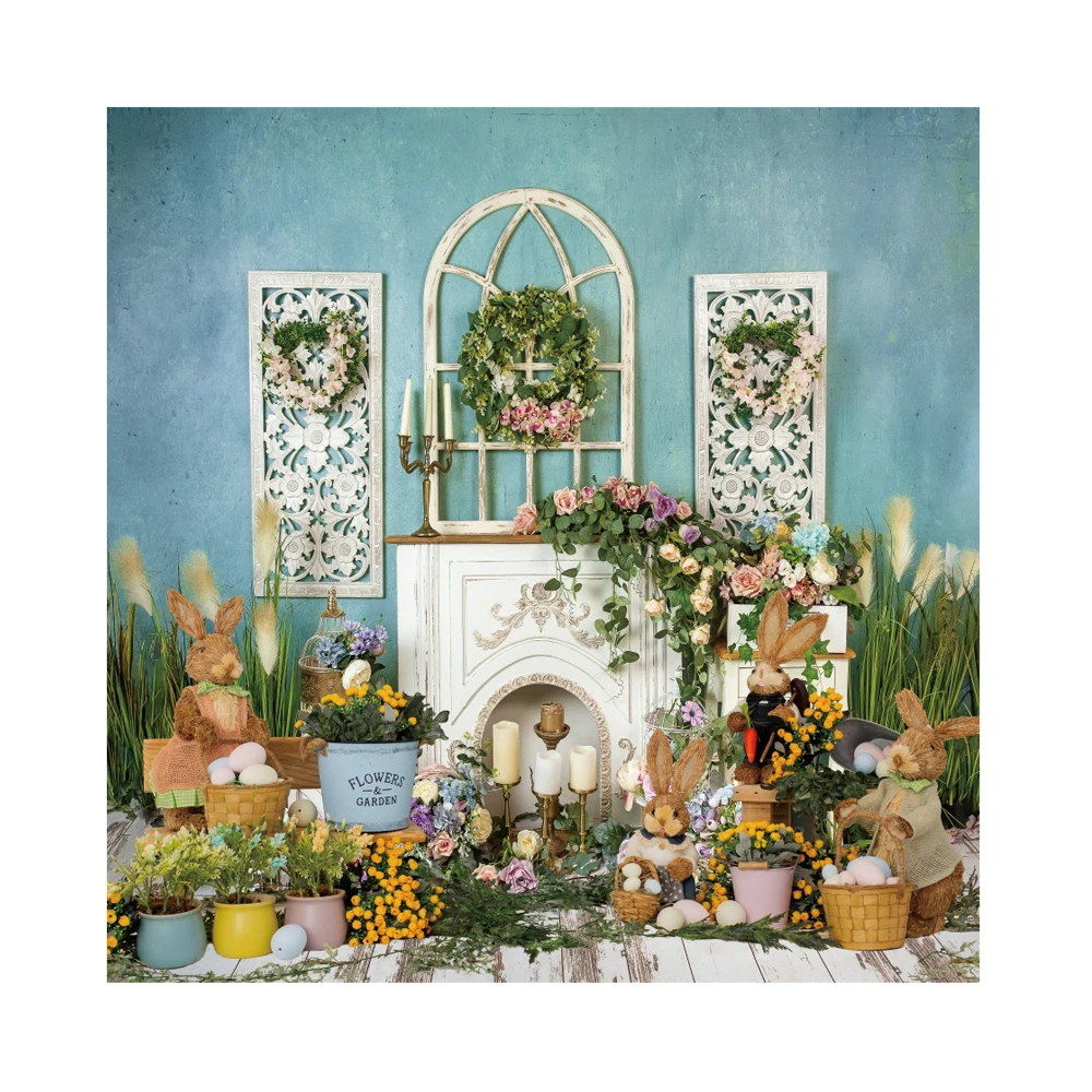 Spring Easter Photography Backdrop Flower Grass Egg Rabbit Wood Floor Child Birthday Portrait Photocall Background Photo Studio