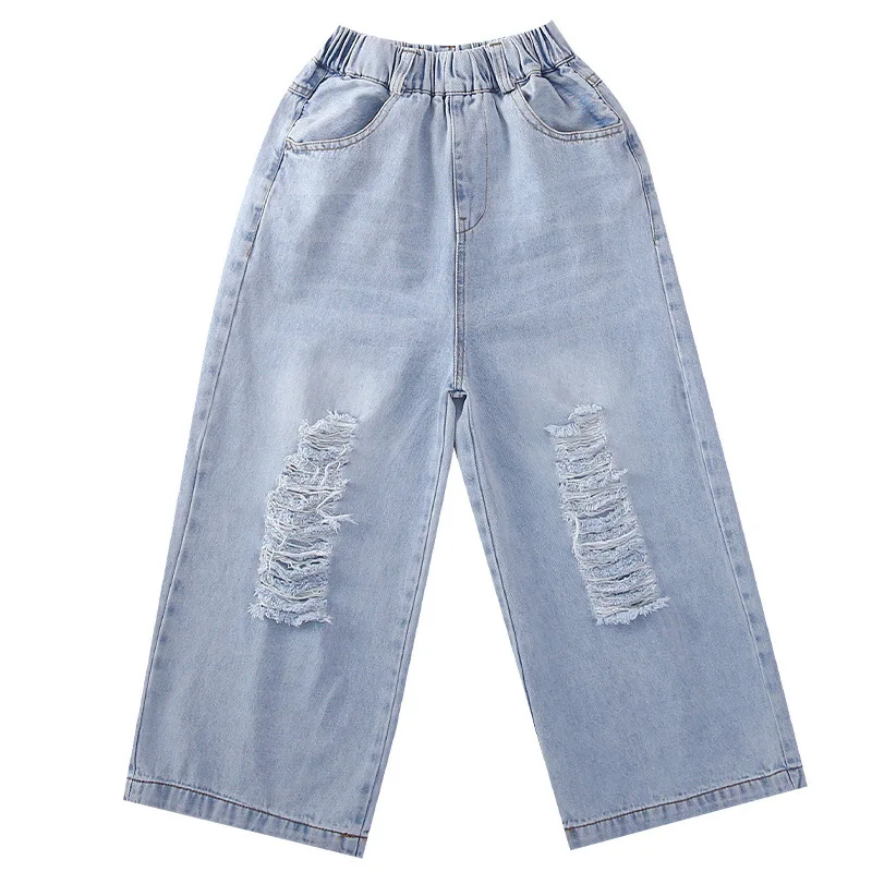 Spring/Autumn Teens Kids Girls Jeans Ripped Hole Casual Child Clothes Ankle-length Pants Capris Trousers 6 8 10 12 14 Years