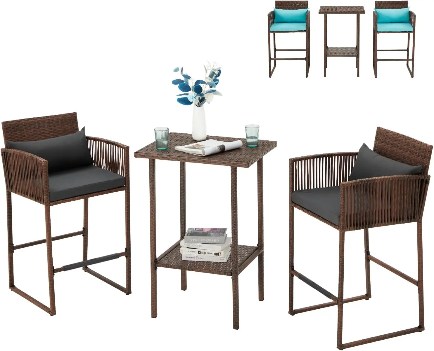 3 Piece Patio Wicker Bar Set, Outdoor Bistro Set of 2, Black | Rattan Barstool Furniture, Height Counter Table and Chair for Bac