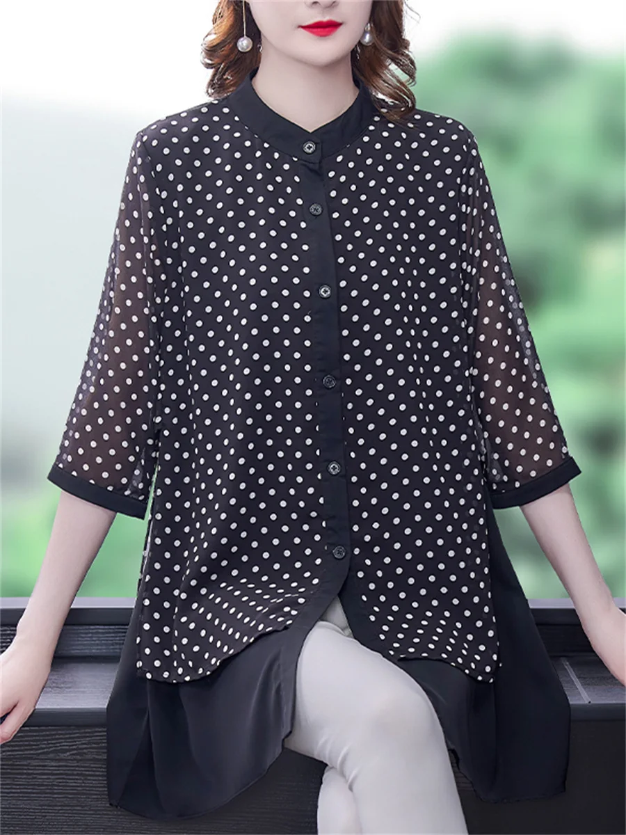 4XL Loos Women Spring Summer Blouses Shirts Lady Fashion Casual Half Sleeve O-Neck Collar Polka Dots Print Blusas Tops CT0420