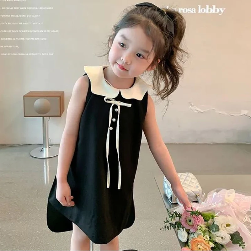 

1pcs Summer Korean Version Girl Little Black Dress Baby Infant Sleeveless Lapel A-line Skirt Kid Princess Clothes Children Dress