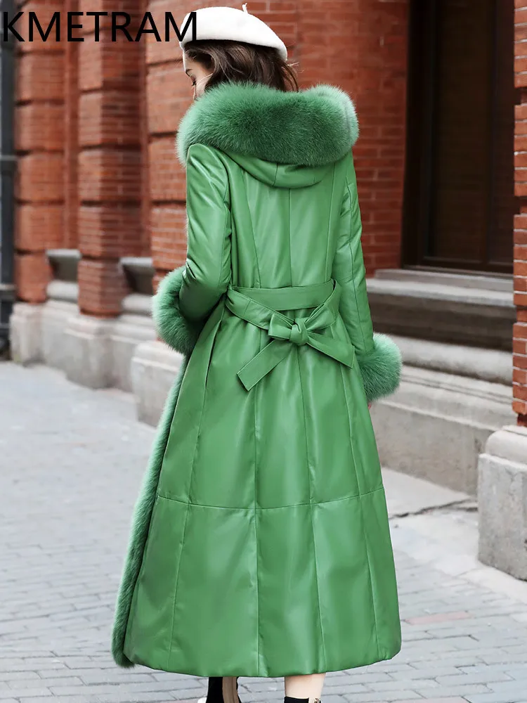 KMETRAM 100% Sheepskin Down Coats Woman Green Genuine Leather Long Puffer Jacket with Hood Fox Fur Collar 2025 Winter Clothes