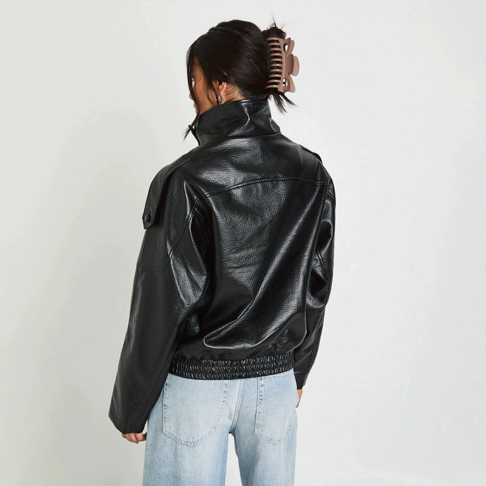 Loose Fit No Hood Coat Regular Length Streetwear with Autumn Biker Style Notched Collar Regular Sleeve Pockets Women Jacket