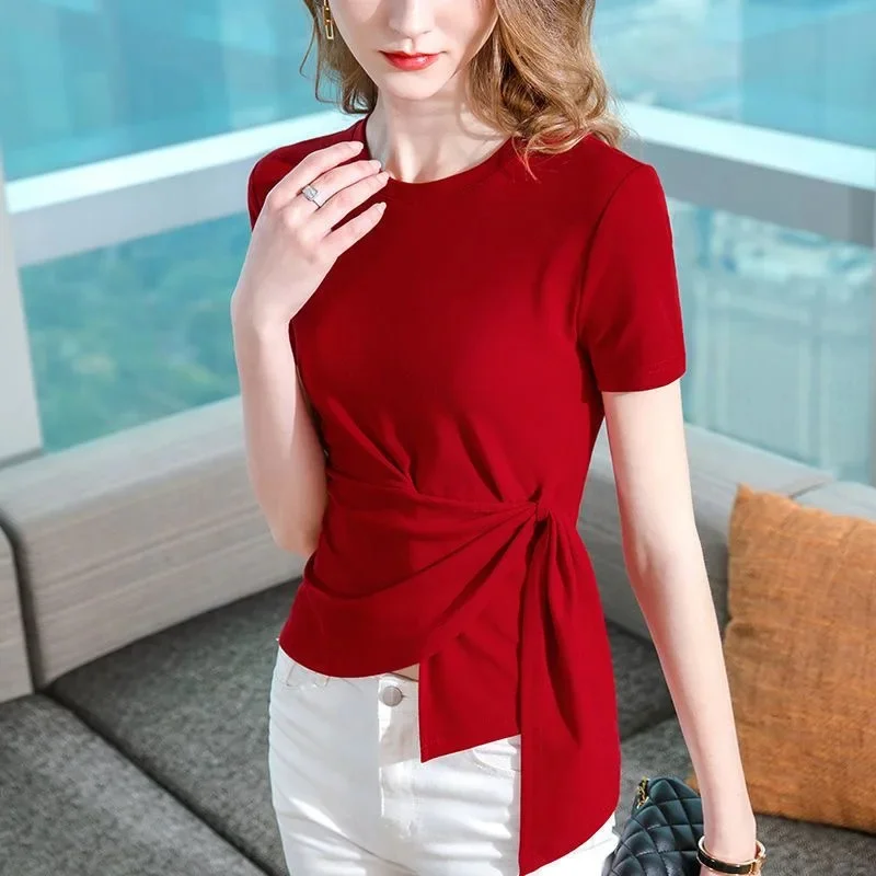 Women Shirts Tops Lady Casual O-Neck Short Sleeve Tie decor Slim Red color Blusas Tops