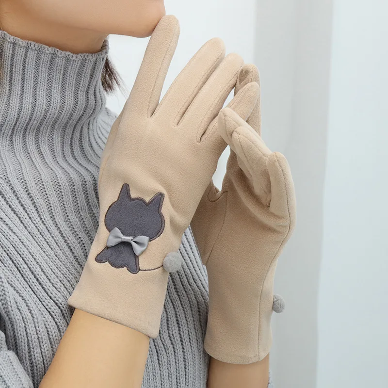 Women Autumn and Winter Warm Fashion Touch Screen Cute Cartoon Cat Driving Cycling Soft Gloves Elastic Windproof