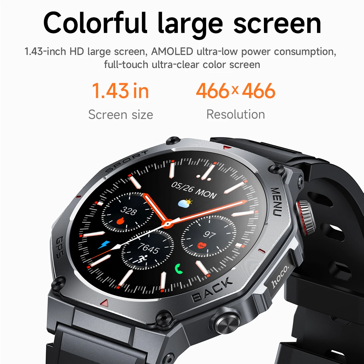HOCO 1.43 inch AMOLED GPS Sports Touch Screen Watch Bluetooth 5.3 Heart Rate Sleep Oxygen Monitoring Call Version Smart Watch view 2