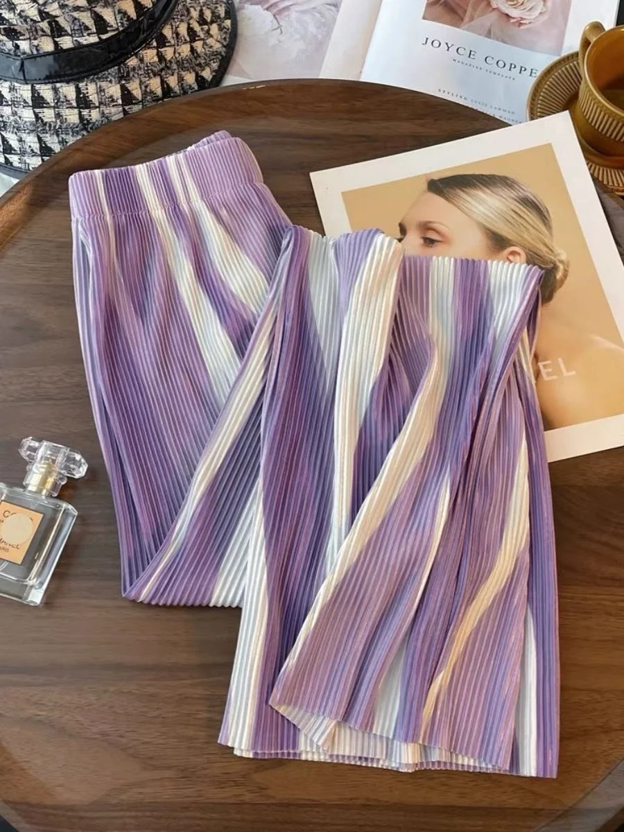 Women's Purple Striped Pleated Wide Leg Pants - High Waist Loose Fit Trousers, Fashion Casual Niche Streetwear for Spring Summer