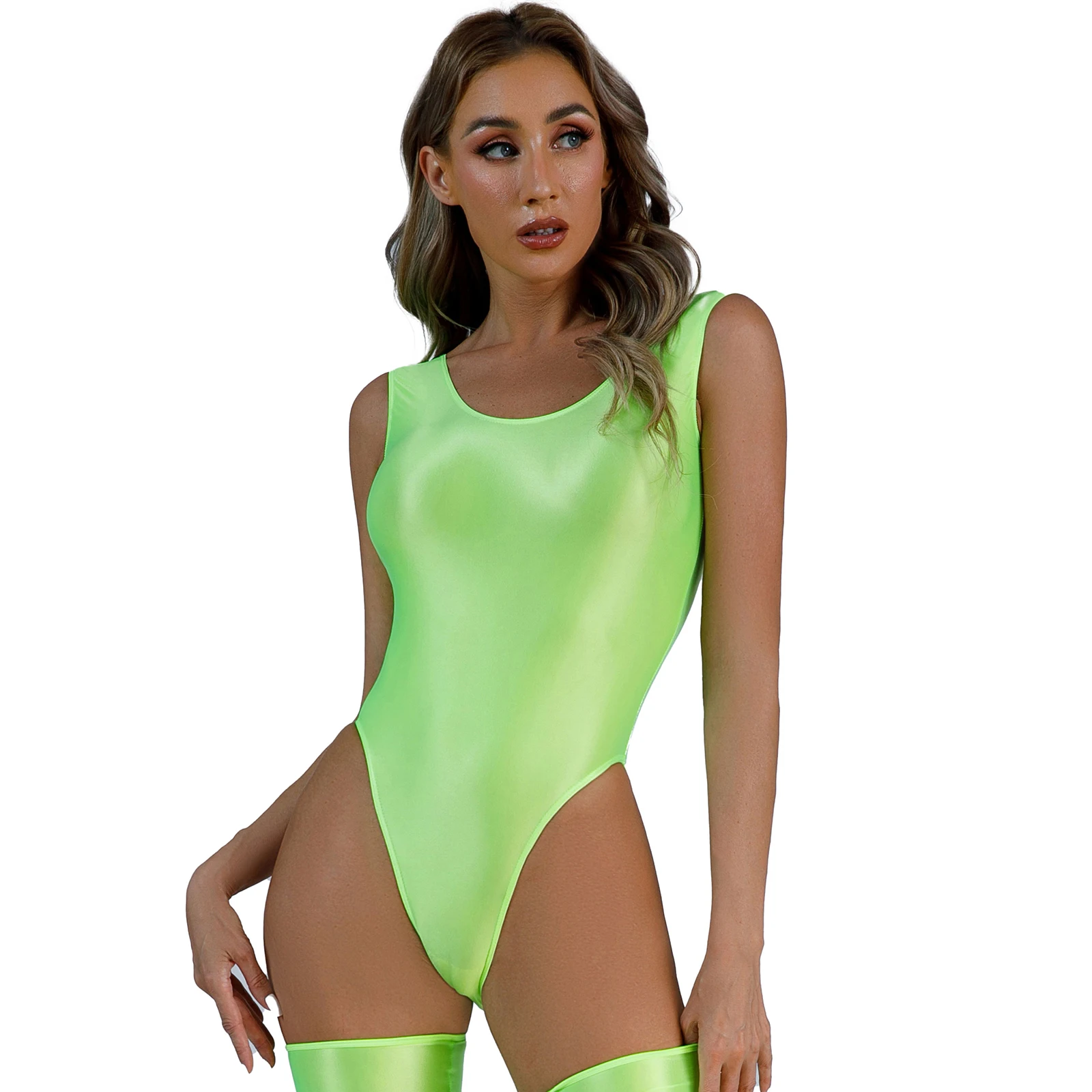 Traje de baño de una pieza para mujer, body brillante sin mangas, Espalda descubierta, de corte alto leotardo, traje de baño deportivo para entrenamiento, Fitness, Fiesta en la piscina