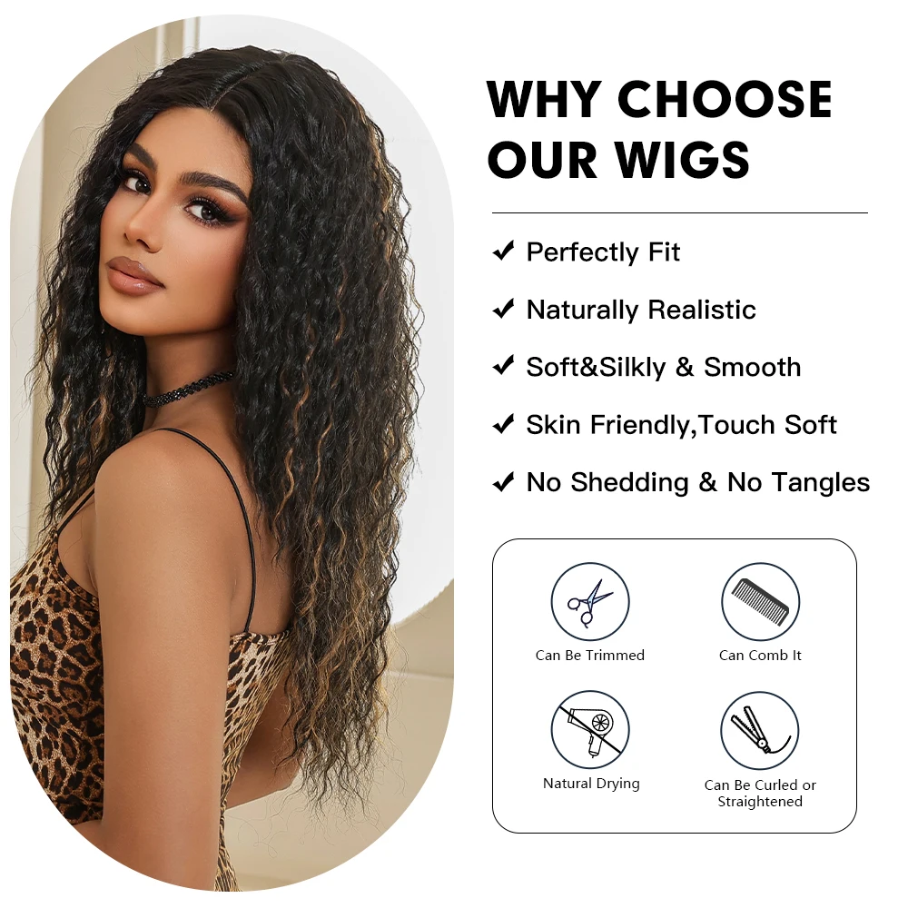 Kinky Curly Lace Front Synthetic Wig Glueless Lace Wig Black Blonde Mixed Highlight Long Water Wave Wig for Afro Women Brazilian