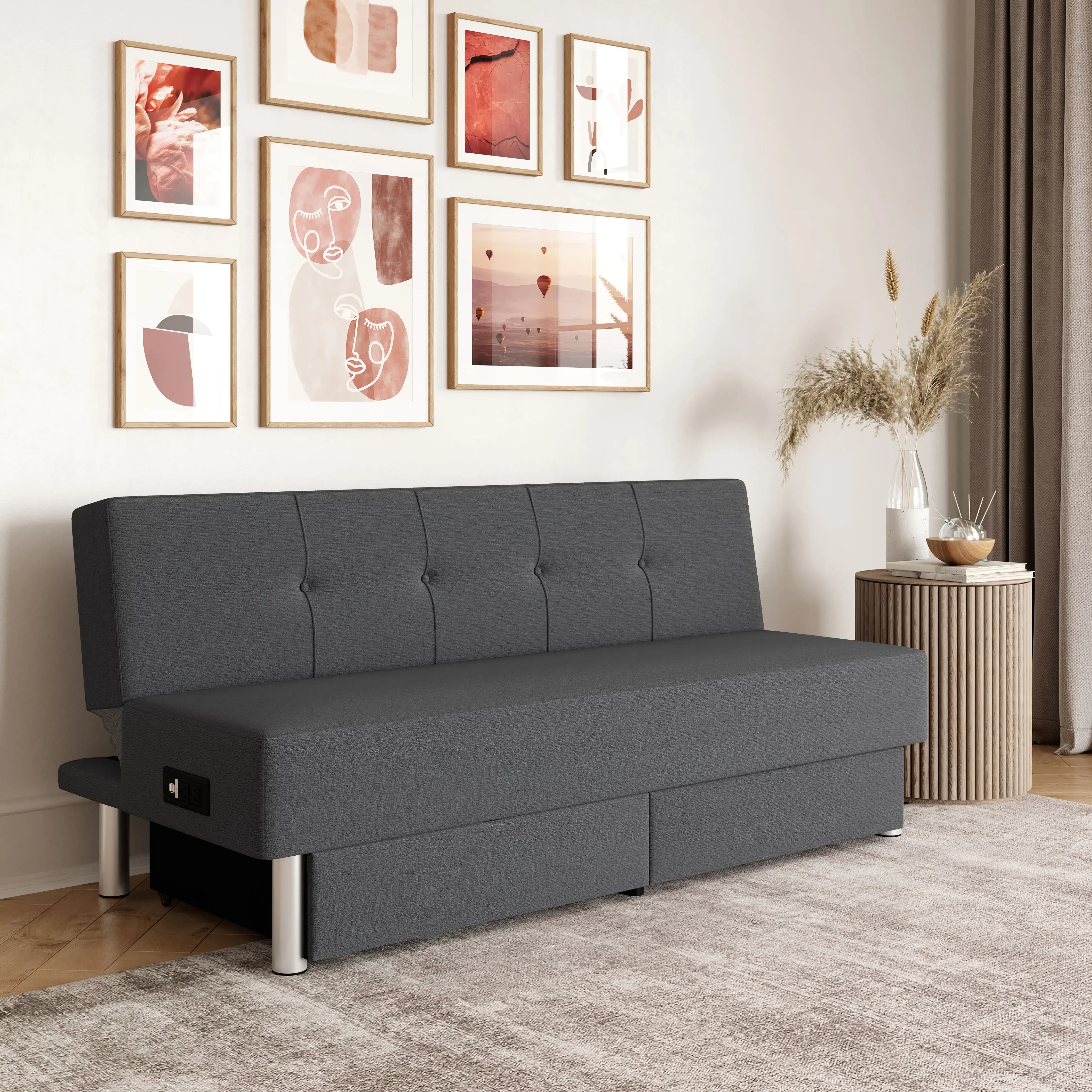 Windsor Futon with Storage and Power, Gray Fabric