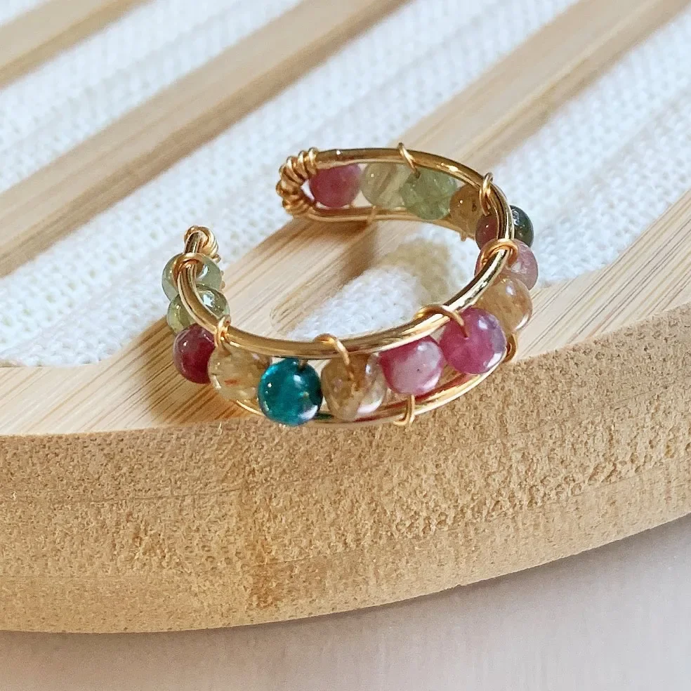 Wire Wrap Natural Tourmalines Crystal Rings for Women Small Beads Charm Gold Color Mixed Colorful Quartz Stone Crystal Open Ring