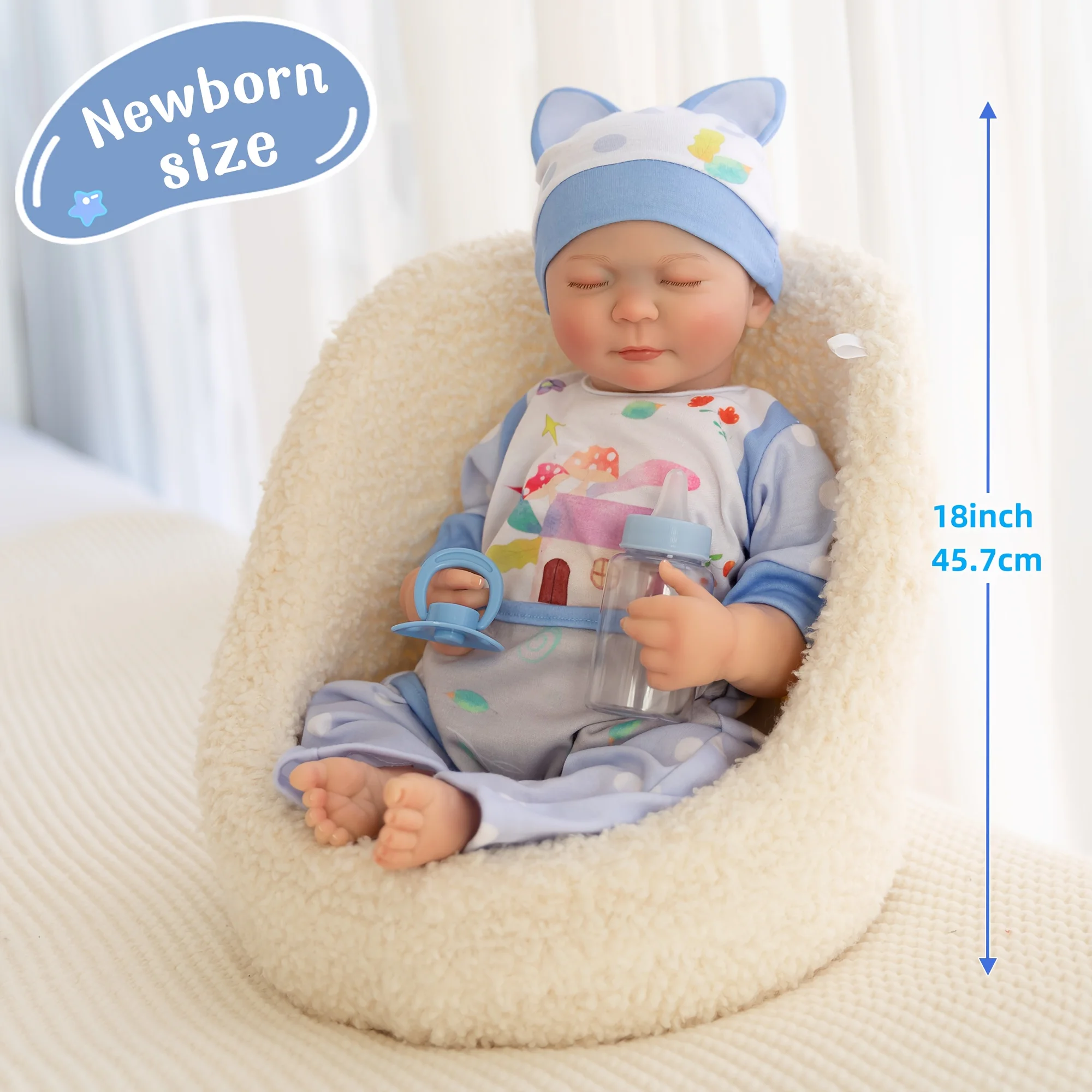18 Inch Sleeping Revival Doll Hand- Implanted Eyelashes Realistic Vinyl Skin Collectible Figurine for Display Suitable for Collectors
