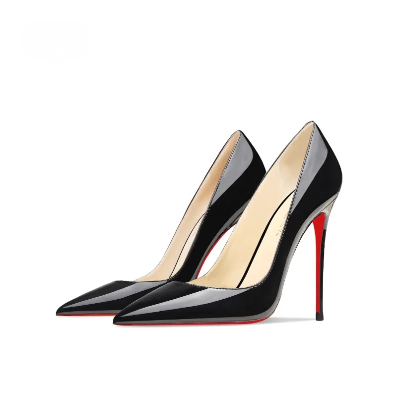 

Black patent leather high heels spring new style pointed shallow mouth slim heels sexy and comfortable commuting single shoes