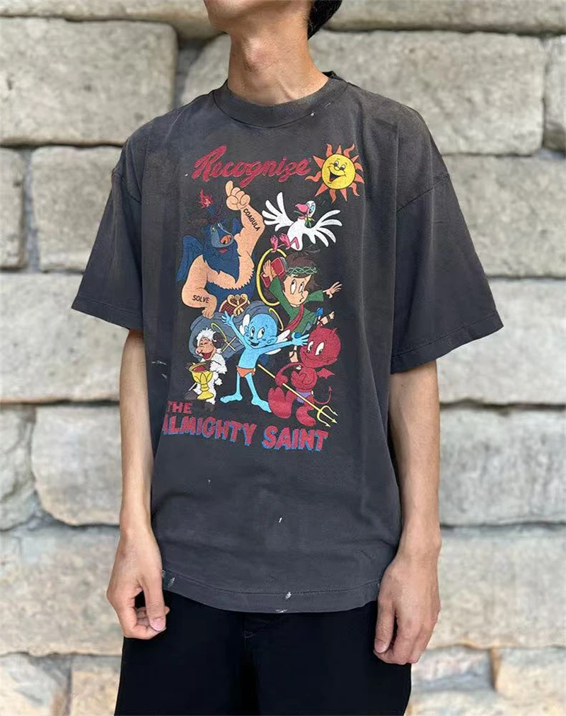 Summer SAINT Mx6 Vintage Washed Cartoon Print Pattern Casual Loose Round Neck Short Sleeved Street Cotton Versatile T-shirt view 4