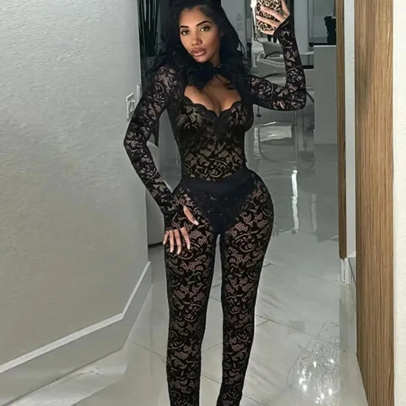 

Lace Embroidery Women 2 Piece Set Sexy Hot Sheer Backless Hollow Slim Bodysuits+Matching High Waist Pants Mujer Clubwear 2025