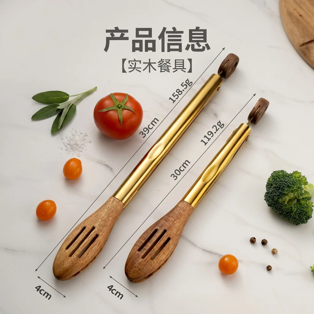 Spot titanium-plated hollow model Acacia wood food clip, stainless steel clip BBQ barbecue barbecue anti-scalding food clip