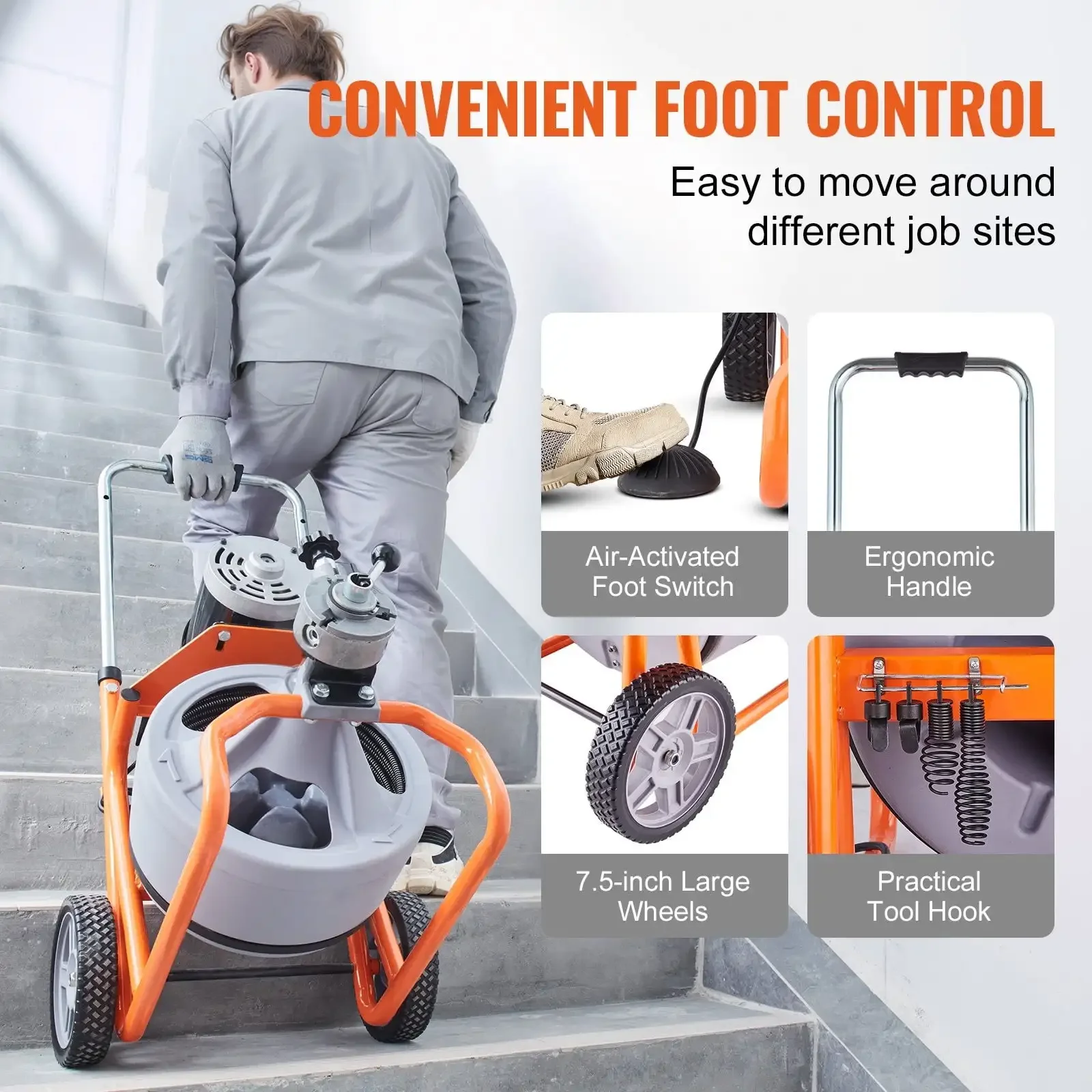 Máquina de limpeza de drenagem 75FT x 3/8 polegadas com alimentação automática com rodas 8 cortadores