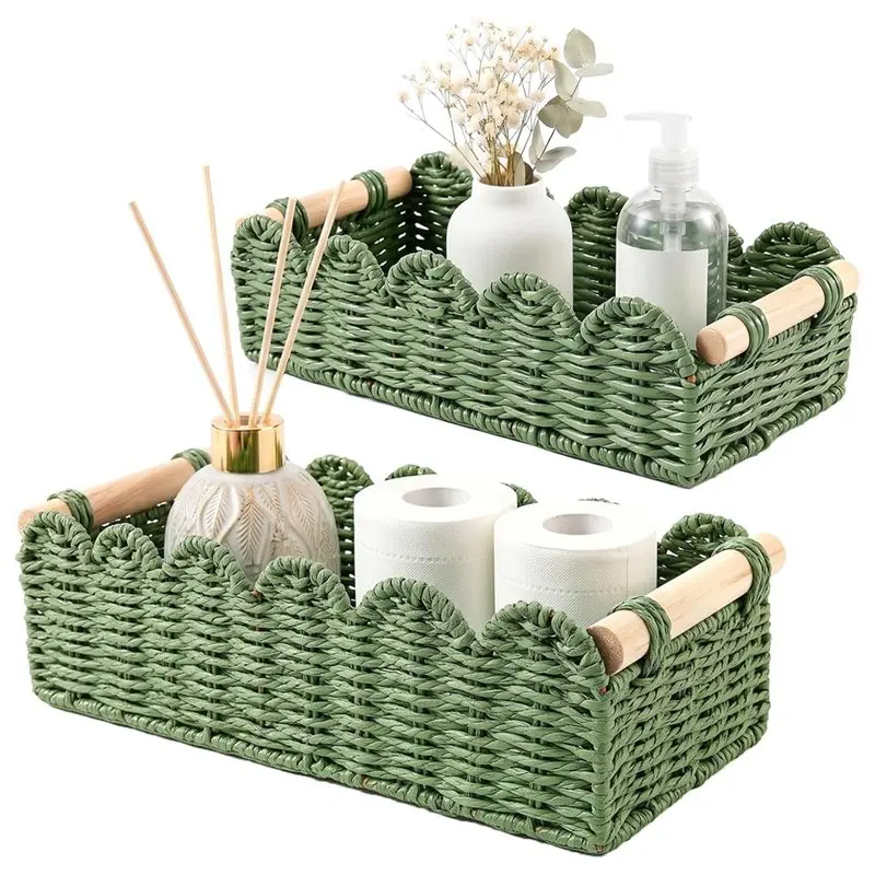 NEW HOT In Stock-Scalloped Edge Paper Rope Storage Baskets Set Of 2 Wooden Handles For Bathroom Toilet Paper& Living Room Decor