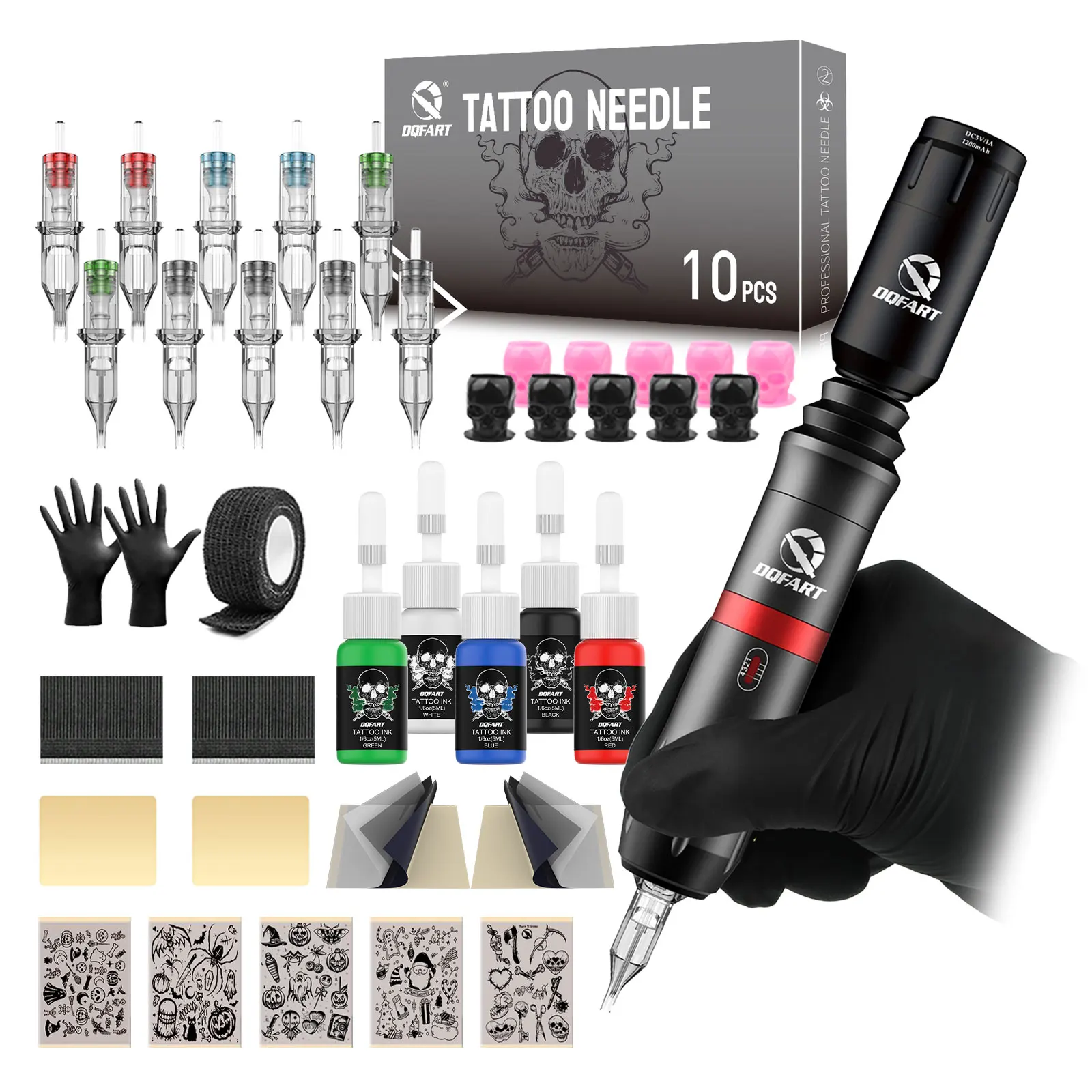 DQFART ワイヤレスタトゥーガンキット、1200mAh電源付き、初心者向けタトゥーキット、タトゥーニードル10本、タトゥーインク5本付き