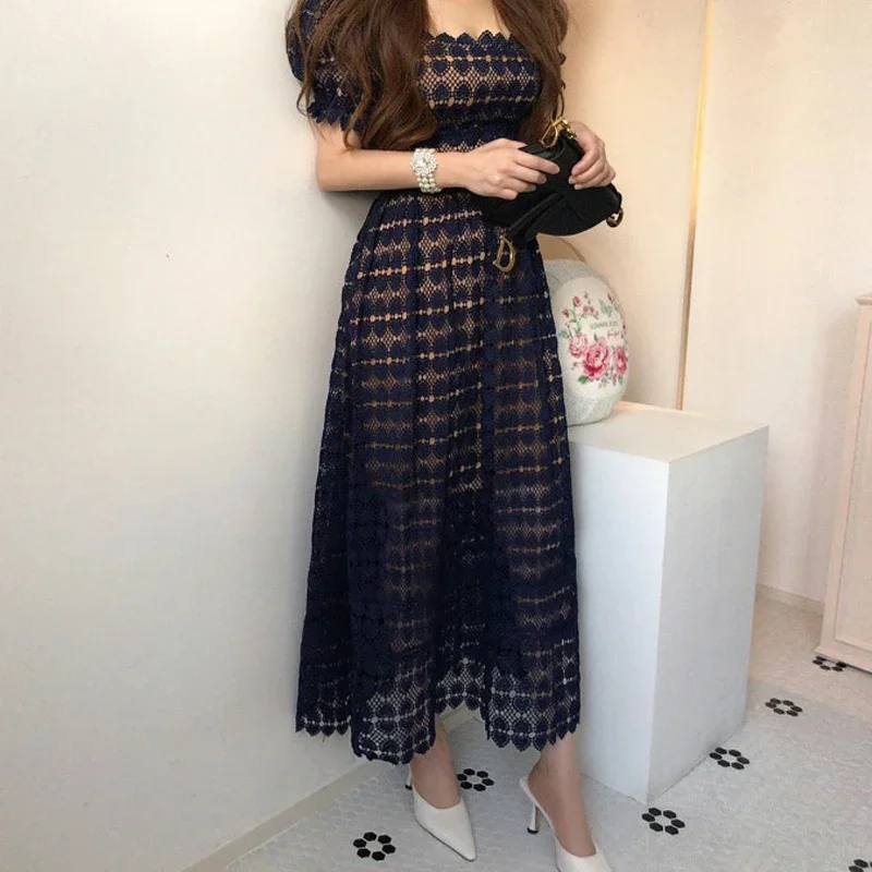 Neploe French Sexy Temperament Dress Femme 2024 Summer Vintage Elegant Puff Sleeve Long Solid Color Dress Chic Lace Vestidos