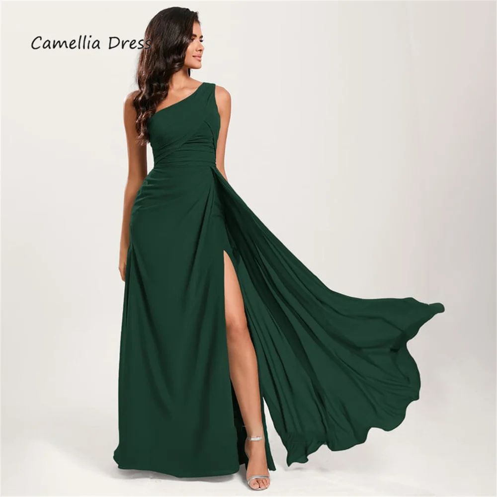 A linha do vestido de casamento com Ruffle, um ombro, até o chão, Chiffon Guest Vestidos, Bridesmaid Party Dresses, Novo