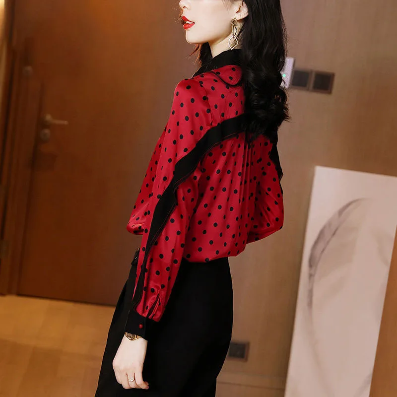 Office Lady Polo-Neck Vintage Polka Dot Shirt Spring Commute Female Button Long Sleeve Spliced Blouse Stylish Women's Clothing