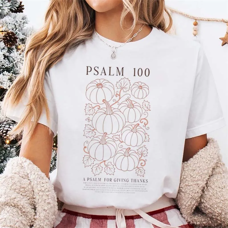 Psalm 100 Pumpkin Print Thanksgiving Graphic Regular T-Shirt Women's Religious Fall Cartoon Short Sleeve Trendy Spiritual T-Shir