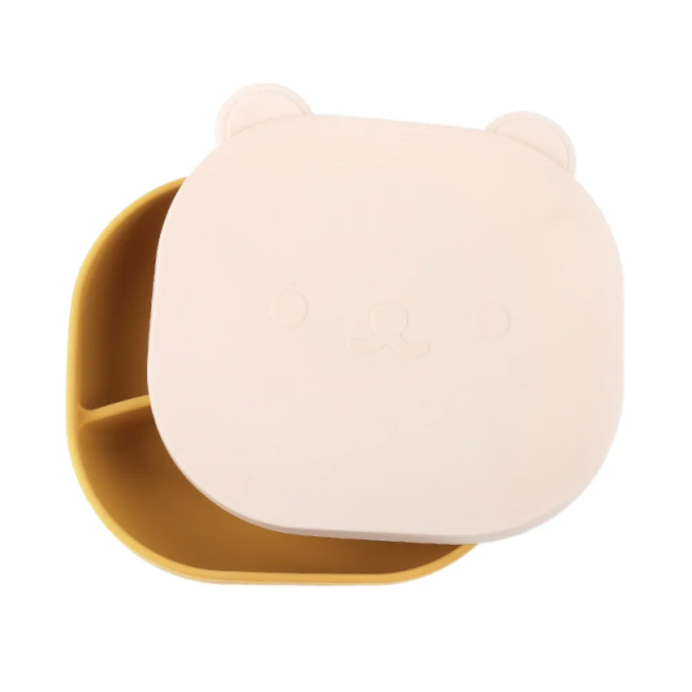 

Cartoon Bear Baby Weaning Dishes BPA-Free Anti-Slip Baby Silicone Sucker Plate Portable with Lid Toddler Feeding Tableware