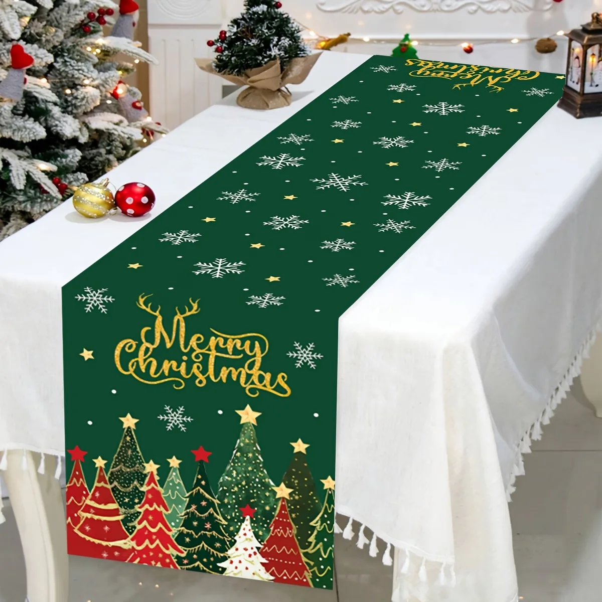 1PC Christmas Table Runner Green Christmas Decorated Trees Holiday Table Decoration Festive Home Decor Christmas Ornaments