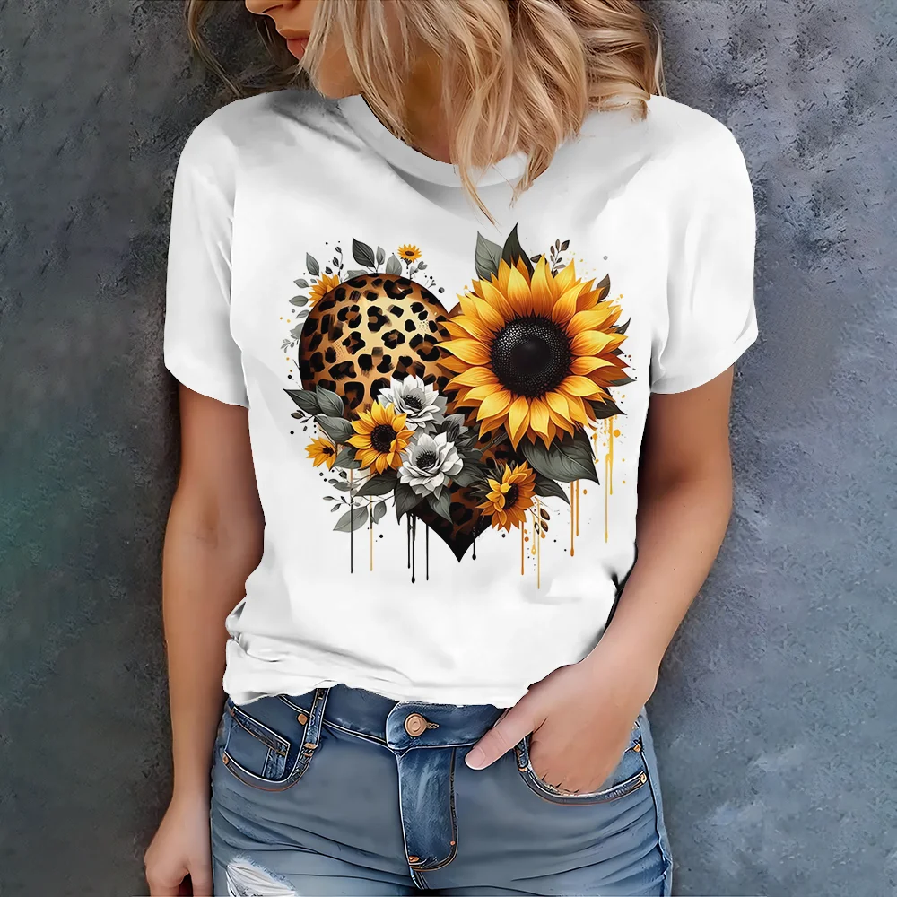 

Personalized Romantic White Base Love Flower Print Daily Casual Fashion Women's Summer Short sleeved T-shirt