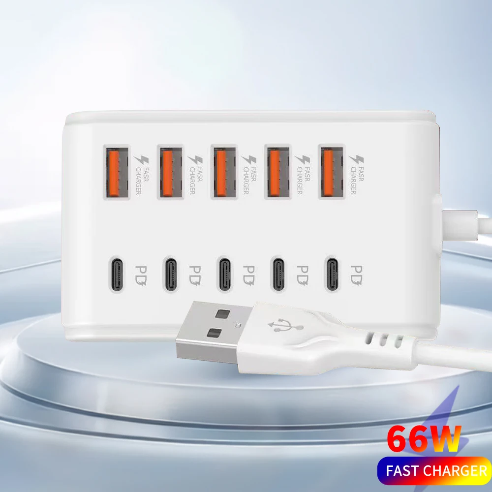 

10-in-1 USB Splitter Desktop Charging Station USB-C Hub Extender Spiltter Docking Station Type C Fast Charger For iPhone Samsung