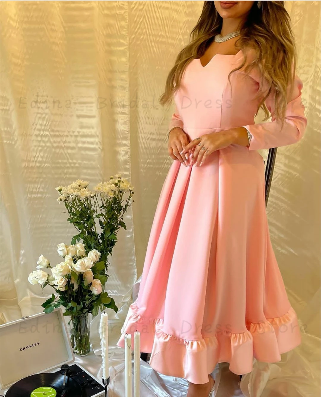 Vestido feminino de manga longa comprimento de chá, vestidos de formatura, robe de festa, babados cetim, linha A, vestido formal para adolescentes