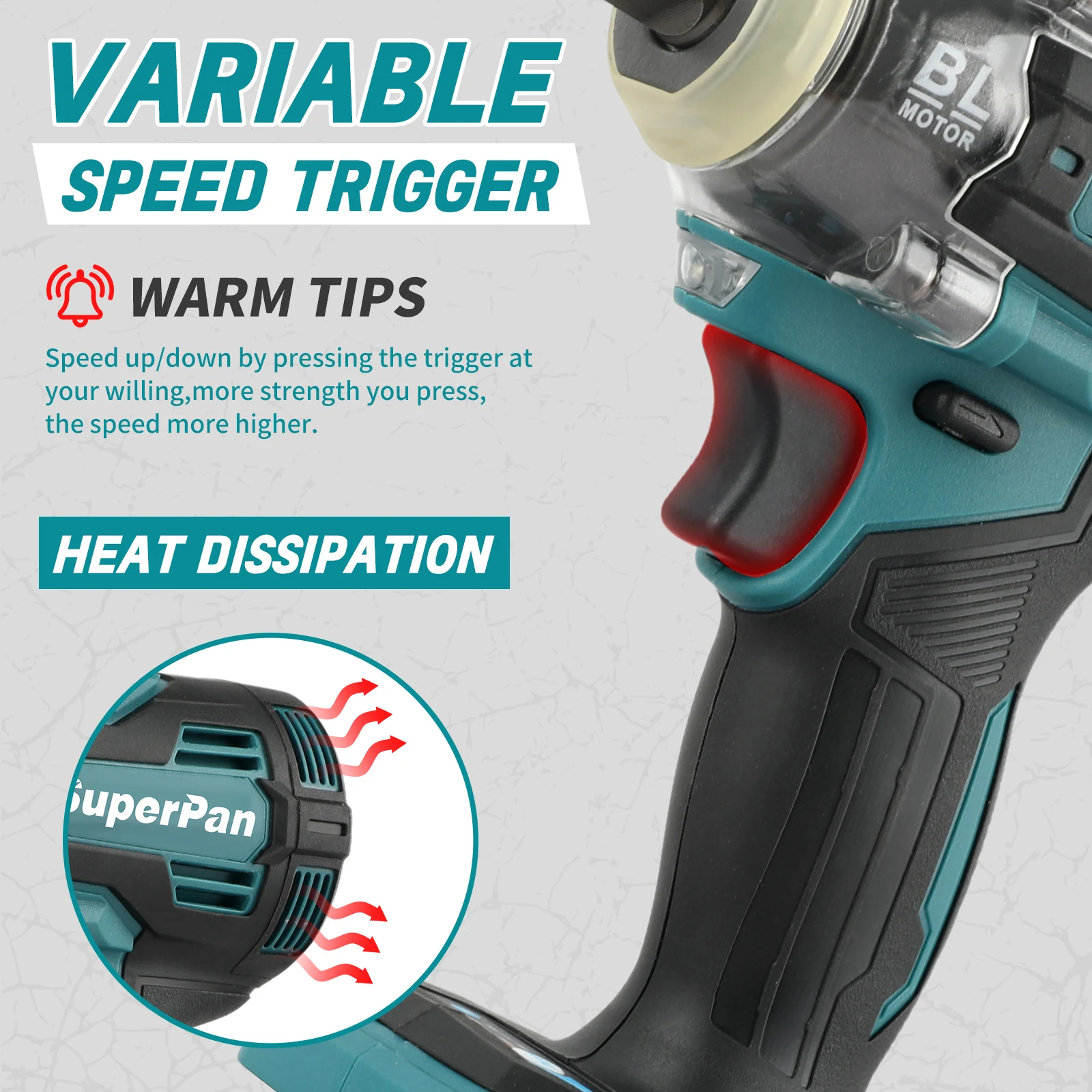 

SUPERPAN TW004G Practical Home Renovation 18V Heavy-Duty Brushless Drill Driver for makita 18V battery specs