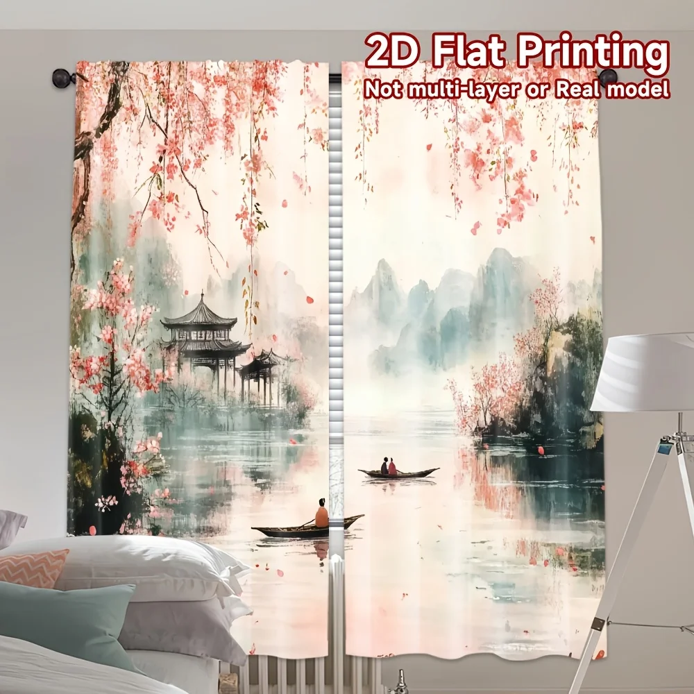 Pink Sakura Ancient Pavilion Curtain Panels, Foggy Lake Mountain Boat Scenery Pattern Drapes Study Balcony Interior Decoration