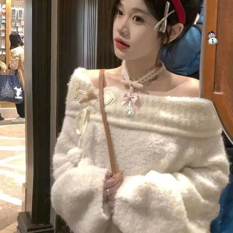 

Y2k модный милый вязаный пуловер с длинными рукавами, осень-зима, ленивые свитера с открытыми плечами, новинка 2025 года, свободные свитера, женские топы