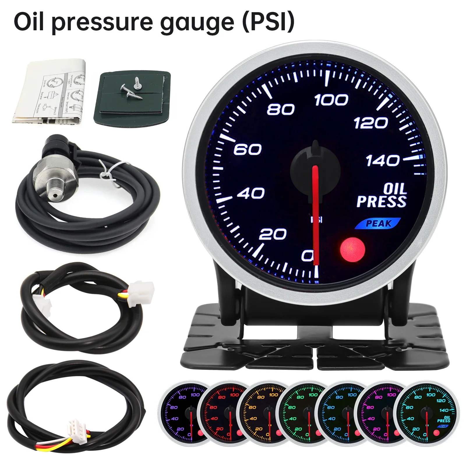 0-140PSI Oil Pressure Gauge 7 Color Backlight with Sensor 52MM Smoke Lens Oil Pressure Meter Stepper Motor 12V Gasoline Vehicle