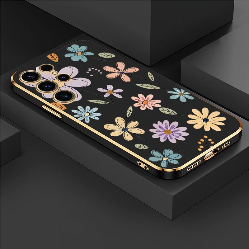 S26 Ultra Luxury Shockproof Phone Case For Samsung Galaxy S24 FE S23 Plus S22 5G S25 Plus S25+ Plating Soft TPU Flowers Cover