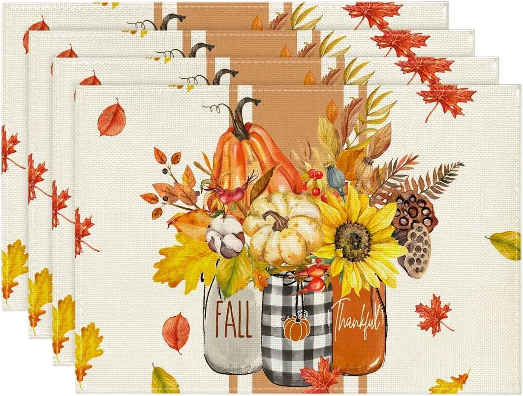 Vases Hello Fall Placemats Set of 4, 12x18 Inch Seasonal Autumn Table Mats for Party Kitchen Dining Decoration