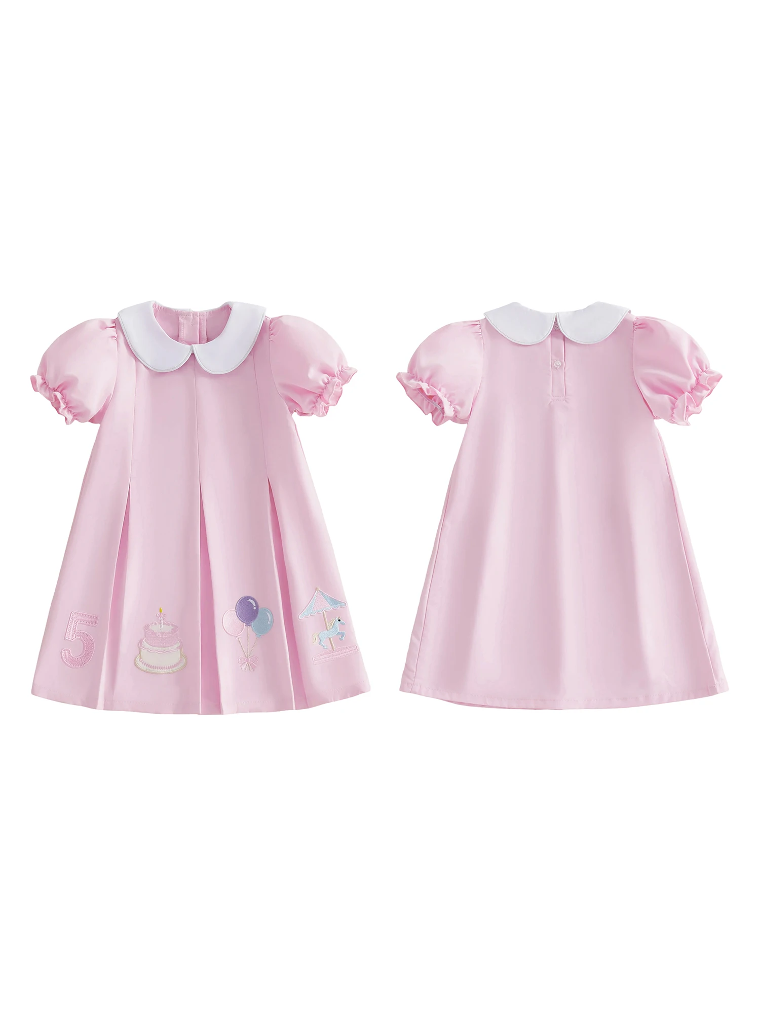 

Летнее платье для девочек с короткими рукавами, воротником-стойкой и вышивкой в виде карусели и воздушных шаров — идеально подходит для дней рождения.