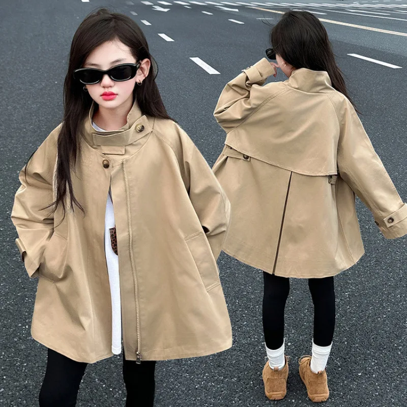 Spring Autumn Fashion Girls Trench Loose Coat Kids Windbreaker Girl Zipper Jacket Khaki Teenager Outerwear Children Clothes