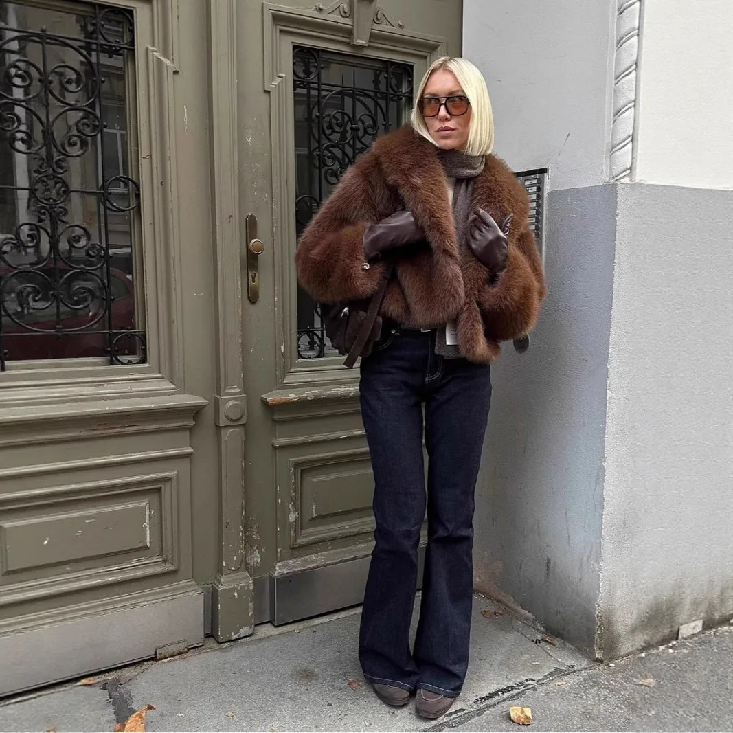 

For Lady Old Money Winter Women's Eco Fur Coat Solid Warm Collar Female's Artificial Fur Jacket Warm Cropped Faux Fur Jacket