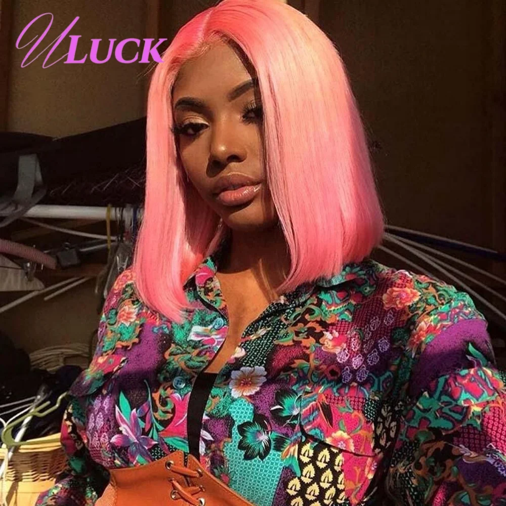 

Uluck Double Drawn Straight Bob Wigs Rose Pink Color Brazilian Real Human Hair Wigs 13x4 Lace Front Wigs Ready To Wear For Women