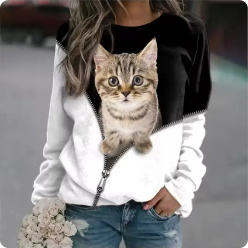 Kawaii Cat Women\'s T-Shirt 3D Print Casual Long Sleeve Tees Oversized Harajuku T-Shirt Clothing Daily Blouse Female Loose Tops